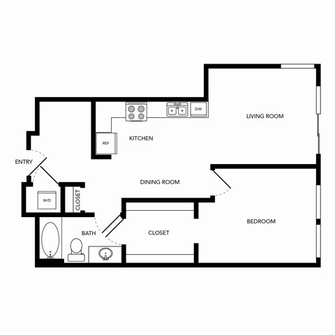 Floor plan for 1 bed, 1 bath, 776 sqft